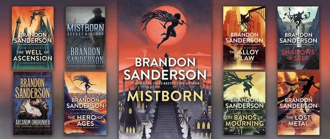 Collage of Mistborn books by Brandon Sanderson