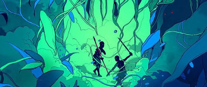 illustration of two warriors underwater, holding spears. red eyes look at them from seaweeds
