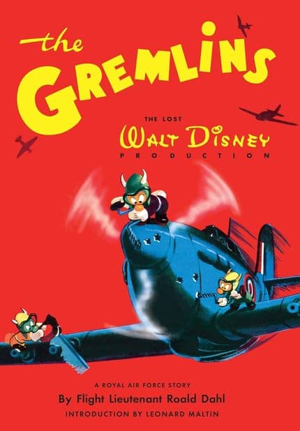 The cover of The Gremlins by Roald Dahl depicts several small creatures on a flying plane