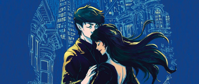a man holds a woman whose dark hair flows behind her, an illustration of a city is imposed behind them