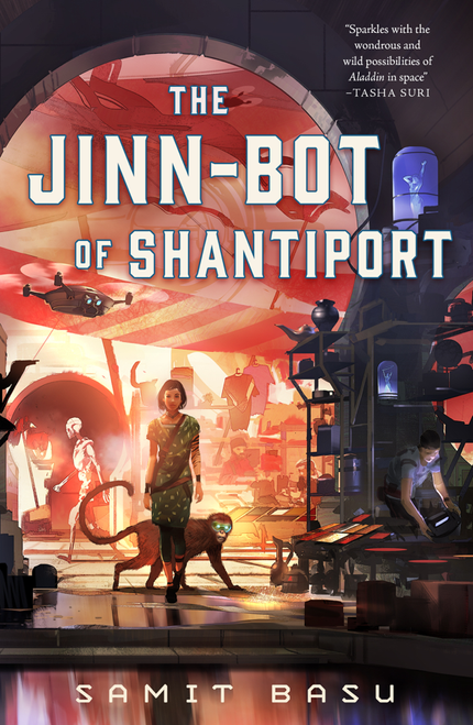 Cover of 'The Jinn-Bot' of Shantiport features a woman in a laboratory with a cybertronic monkey