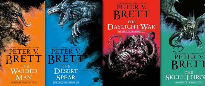 The covers of Peter V. Brett's books show demons in black-and-white with strongly colored backgrounds