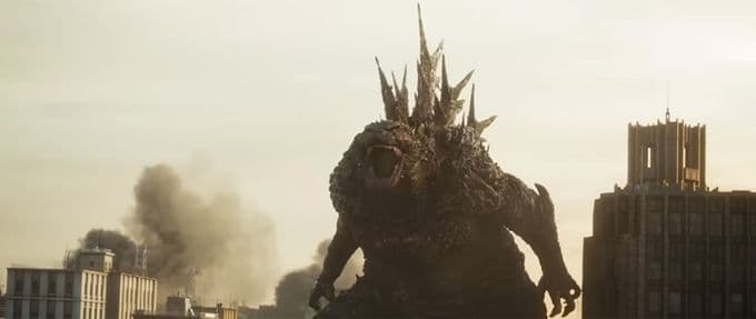 This screenshot of the Godzilla Minus One trailer shows the kaiju roaring