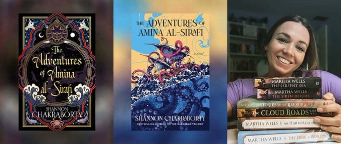 Collage of Shannon Chakraborty and her new book, 'The Adventures of Amina al-Sirafi'