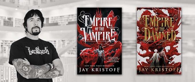 image of Jay Kristoff with the two published books of his in the Empire of the Vampire series