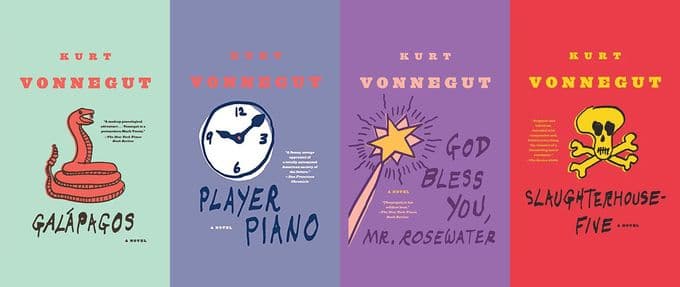 Collage of Kurt Vonnegut titles including Slaughterhouse-Five