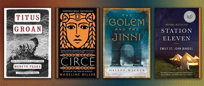 Collage of literary sci-fi/fantasy books, including Circe and The Golem and the Jinni