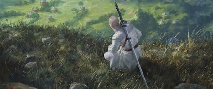 A man in a white robe looks over a hill in art made for Brandon Sanderson's 'Knights of Wind and Truth'