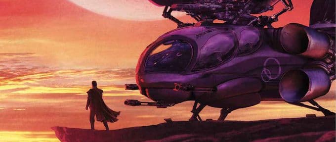 portalist's favorite books 2022, an illustration of a man on a cliff at sunset by one of Dune's ornithopters