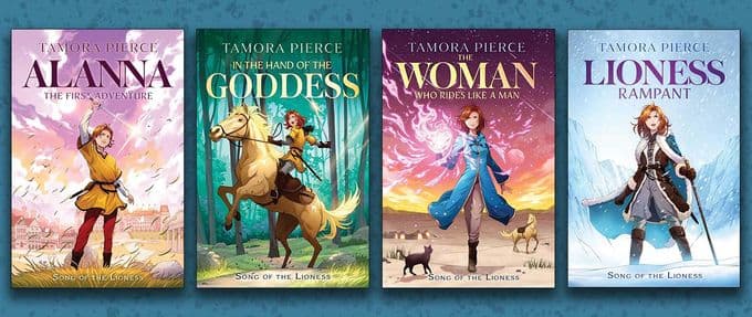This collage of Tamora Pierce books includes the four entries of the Song of the Lioness Quartet