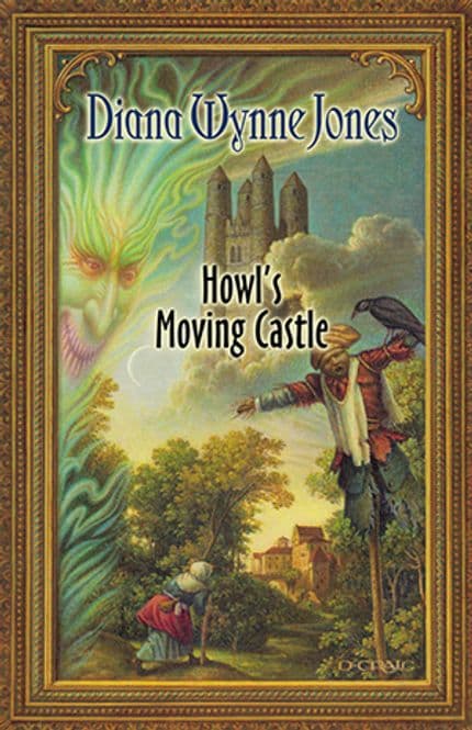 An old woman walks toward a distant castle in the sky on the cover of "Howl's Moving Castle" by Diana Wynne Jones