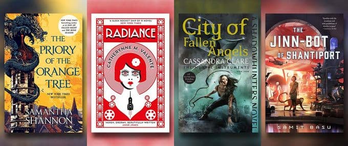 Collage of great book covers featuring 'Priory of the Orange Tree' and 'City of Fallen Angels'