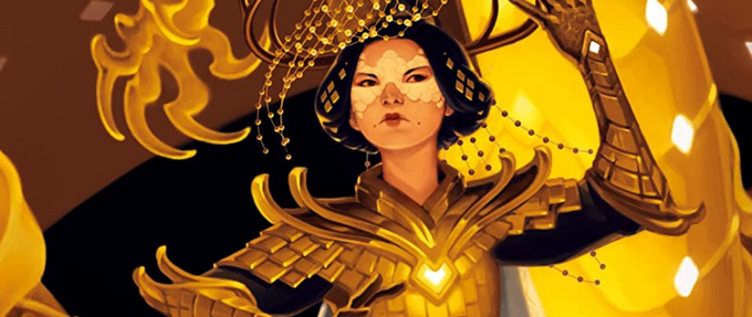 2023 science fiction and fantasy releases; a golden illustration of a woman in traditional Chinese armor