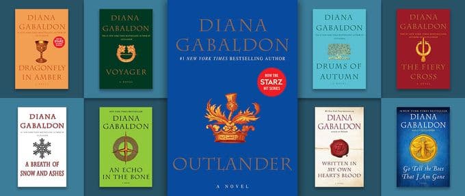 This collage shows all 9 of the published books in the Outlander series