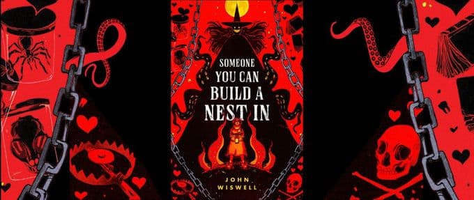 The cover of someone you can build a nest in depicts a russian nesting doll in black and red with chains and fire