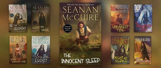 Collage of Seanan McGuire's October Daye Series featuring The Innocent Sleep