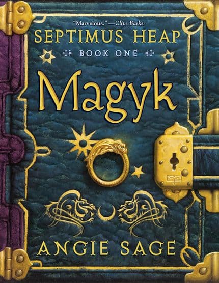 The cover of Magyk by Angie Sage depicts a golden ring on top of a blue book